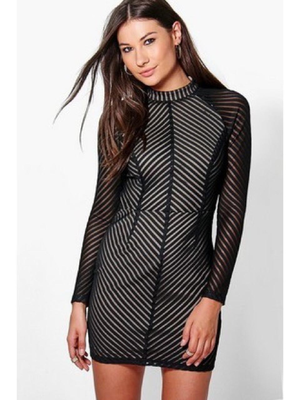 Boohoo Striped Illusion Mesh Bandage Style Cocktail Dress - Black/Nude